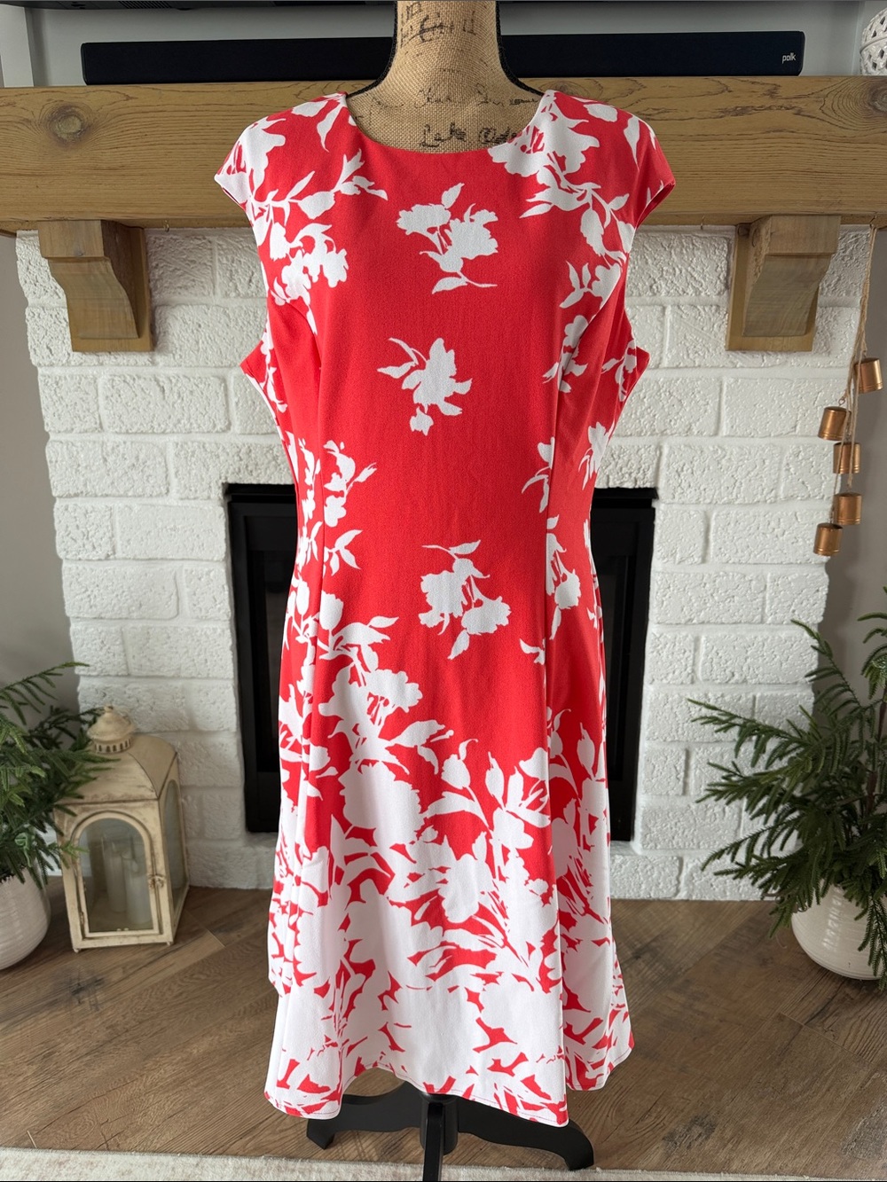 London Times Coral-Red and Ivory Floral Midi Dress